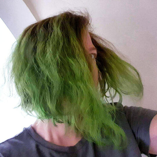 A picture of a person's face obscured by their green hair cut in a bob that gets longer towards the front.